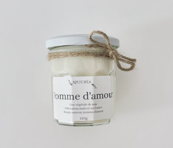 Bougie 130g pomme d'amour couvercle blanc pot transparent Apo'Créa